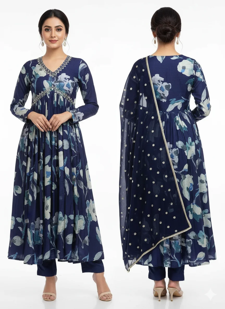 Blue Aliya Cut Dress With Real Mirror Work