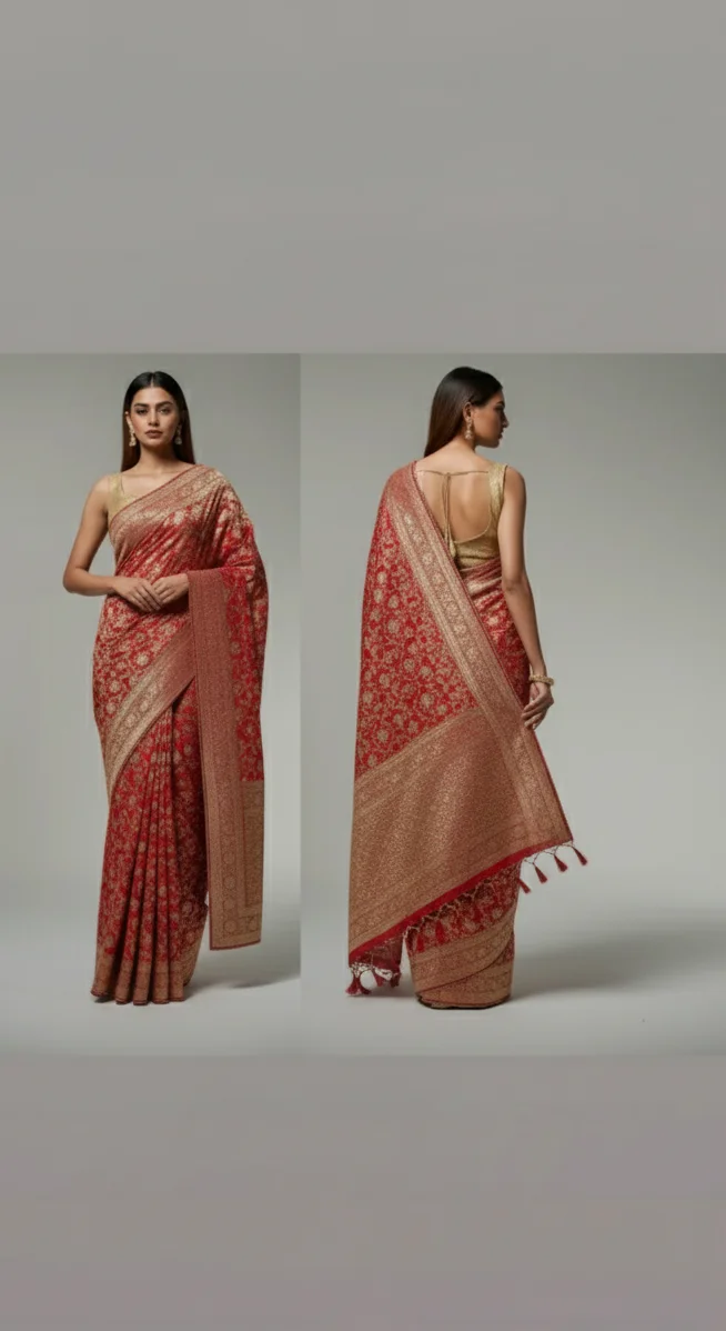 Banarasi Red Colour Saree With Heavy Golden Pallu.
