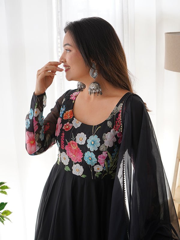 Flower Black Printed Anarkali Gown With Pant & Dupatta Set - Image 4
