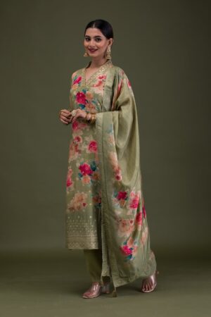 Pista Green Printed Semi Crepe Readymade Salwar Suit