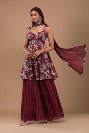 Rust Printed Semi Crepe Readymade Sharara Suit