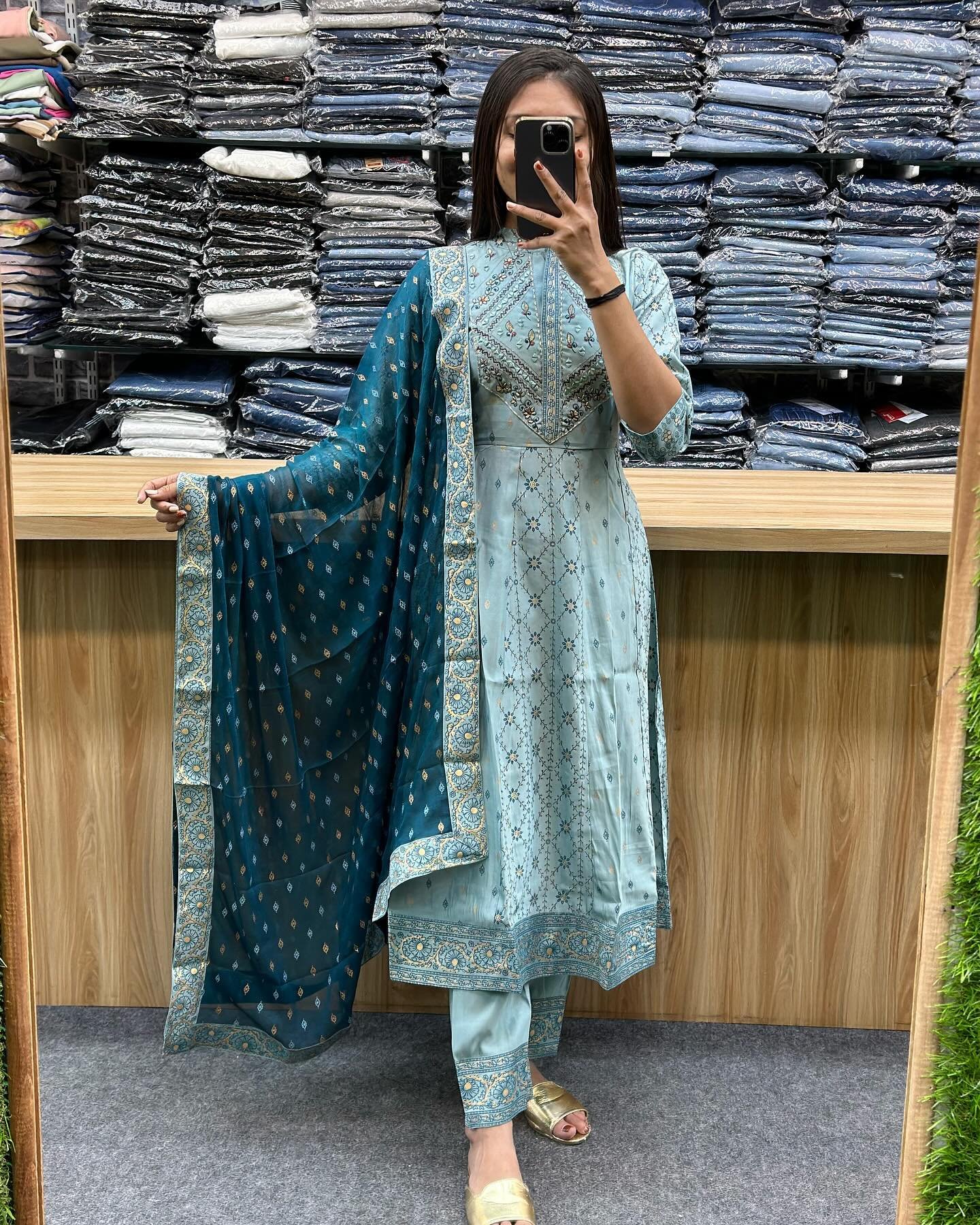 Pastel Blue Sequin Zari Embroidered Anarkali Set - Image 2