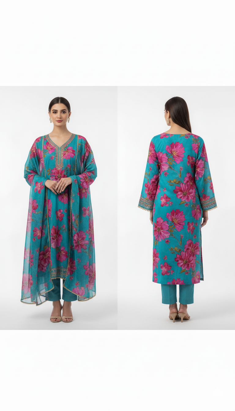 Floral Teal Velvet Straight Kurta with Velvet Palazzo and Shawl – A Royal Ensemble