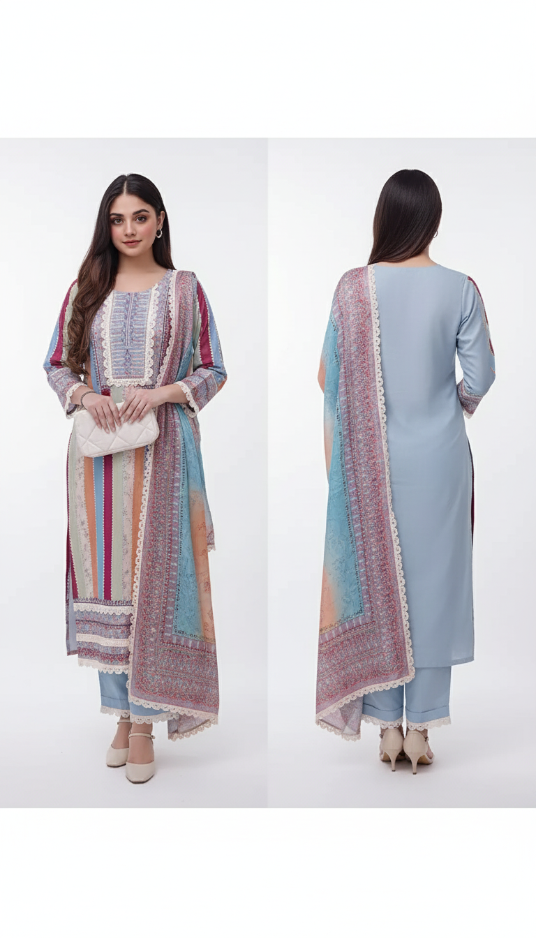 Printed Round Neck Kurta with Trousers & Dupatta – Stylish Ethnic Ensemble for Women