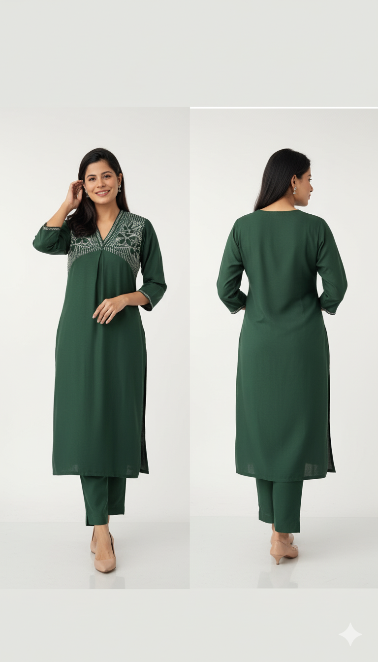 Party Edit – Straight Alia Cut Kurta Set with Embroidered Yoke and Border – Elegant Ethnic Wear for Women