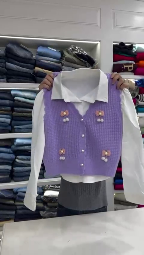 Women's Long Sleeve Shirt with Knitted Sleeveless Vintage Oversized Cute Sweaters