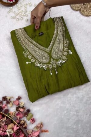 Elegant Olive Green Embroidered Silk Kurta Set with Matching Trousers and Dupatta - Festive Ethnic Wear for Women