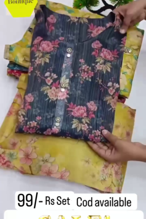 Women Navy Blue Floral Print Cotton Silk Kurta Set with Pink Pant